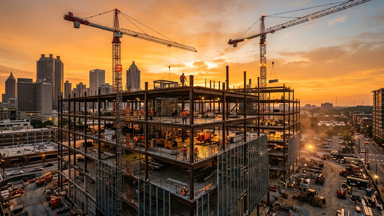Atlanta commercial construction project with steel framing and tower cranes — staffed by Atlanta Construction Recruiters